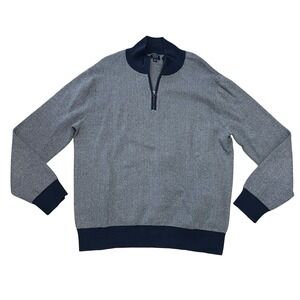 J. Crew Men's Large Preppy Quarter Zip Sweater Navy Blue Herringbone Cotton